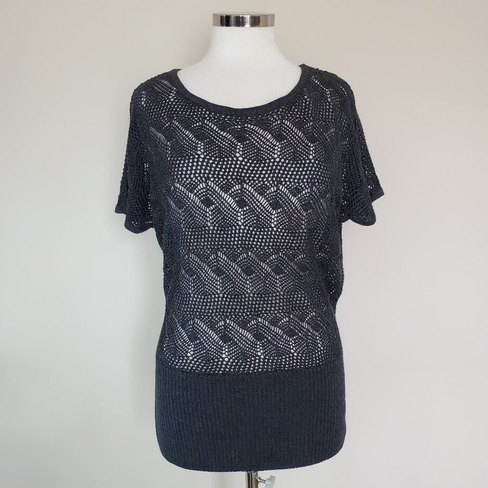 Cache Medium Open Work Knit Sweater Black Shimmer